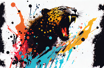 Fototapete - Angry shouting panther close-up on white background. Watercolour brush strokes artistic technique.  
Digitally generated AI image.