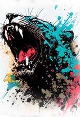 Fototapete - Angry shouting panther close-up on white background. Watercolour brush strokes artistic technique.  
Digitally generated AI image.