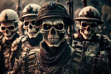 Fantastic image of the evil army under the leader's command. Army of the dead. Dark troops. Generative AI