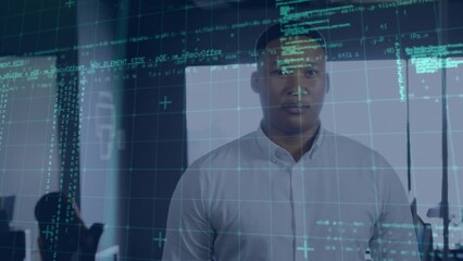 Poster - Animation of grid pattern and programming language over biracial businessman standing in office