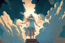 4K Resolution Or Higher, The Goddess Descends From The Clouds In Beams Of Light. Generative AI Technology