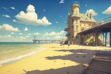 Wall Mural - 4K resolution or higher, a seaside town with a yellow lighthouse, bright summer day. Generative AI Technology