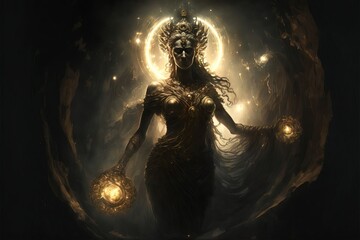 4K resolution or higher, the primordial darkness embodying a greek goddess with gods lights. Generative AI Technology