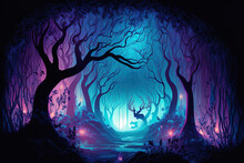 Magical Fantasy Forest At Night. Neon Signs, A Wooded Setting, And Enchanted Lighting Fairytale Mood, Thick Forest Fog, And Tree Silhouettes. Illustration. Generative AI
