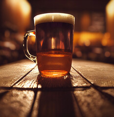 Wall Mural - Vintage glass of dark beer with foam under cinematic lighting on a blurred background. Close-up