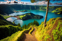 Ponta Delgada, Sao Miguel Island, Azores, Portugal, Has A Mountainous Landscape With A Hiking Trail And A Beautiful Lake View. Generative AI