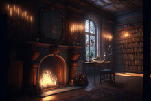 Old Classic Vintage Antique Wooden Home Mansion Cozy Library Office With Burning Fireplace
,generative Ai