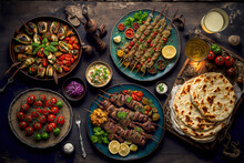 Middle Eastern, Arabic Or Mediterranean Dinner Table With Grilled Lamb Kebab, Chicken Skewers With Roasted Vegetables And Appetizers Variety Serving On Rustic Outdoor Table. Overhead View. Generative