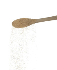 Wall Mural - Brown Sugar fall, brown grain sugar pouring down abstract cloud fly from wooden spoon. Beautiful complete seed sugarcane, food object design. Selective focus freeze shot white background isolated