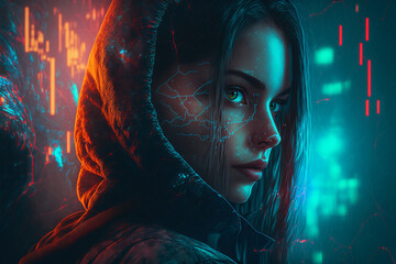 A hooded futuristic girl with green eyes. This is not a real person. Generative AI illustration