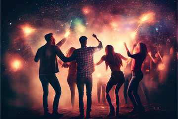 Sticker - young people silhouette dancing at a party with fireworks, ideal for backgrounds, generative ai