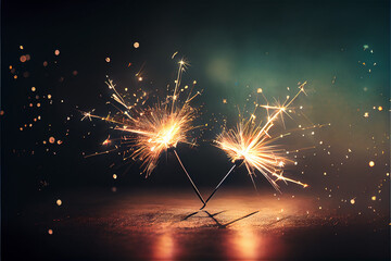 Sticker - two sparklers in an obscure background with lots of copy space, perfect for backgrounds, generative 