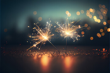 Wall Mural - Two sparklers in an obscure background with lots of copy space, perfect for backgrounds, generative AI