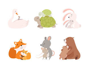 Sticker - Loving mom animals hugging cubs set. Cute parent and baby animal. Families of goose, turtle, rabbit, fox, mouse, bear cartoon vector illustration