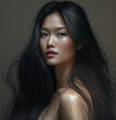 © wetzkaz - an attractive young woman, Asian or Indonesian or Japanese Korean with very long dark hair and a slim figure. Generative AI
