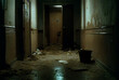 © wetzkaz - a dirty hallway of an old house, fallen wallpaper and debris in the hallway. Generative AI