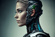 © wetzkaz - a woman half-robot or a humanoid android with artificial intelligence parts or a technological upgrade as human evolution, mechanical body parts. Generative AI