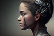 © wetzkaz - a young attractive woman half-robot or a humanoid android with artificial intelligence parts or a technological upgrade as human evolution, mechanical body parts. Generative AI