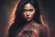 © wetzkaz - A mobile phone held by an Indonesian or Asian looking woman with a creative look and trendy outfit, slim figure and dark hair around a pretty face. Generative AI