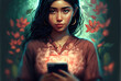 © wetzkaz - A mobile phone held by an Indonesian or Asian looking woman with a creative look and trendy outfit, slim figure and dark hair around a pretty face. Generative AI