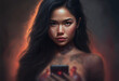 © wetzkaz - A mobile phone held by an Indonesian or Asian looking woman with a creative look and trendy outfit, slim figure and dark hair around a pretty face. Generative AI
