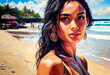 © wetzkaz - an Asian or Indonesian young woman on the beach in a bikini, soft drawing or painting in close-up with blurred image areas. Generative AI