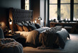 © wetzkaz - a bedroom and bed in the late afternoon or dusk or sunset with bed lights and many pillows and carpet. Generative AI