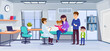 A young family with kids talks to a pediatrician in a doctor's office. Health check-up of a child in a clinic. Father, mother, boy, and girl in physician cabinet. Cartoon style vector illustration.