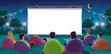 Fototapeta Dinusie - Open air cinema with people sitting on a lawn watching a movie on a big white projector screen. Friends on a movie night with popcorn in a park outside a city. Cartoon style vector illustration.