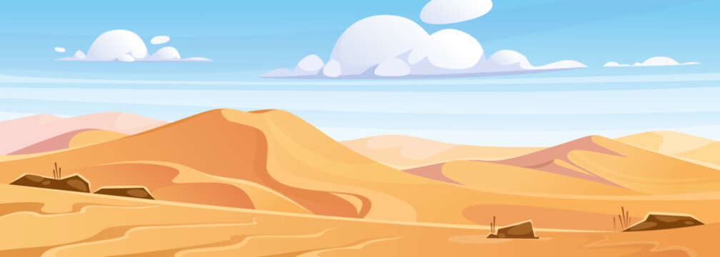 Wall Mural - Landscape view of a desert with sandy dunes in cartoon style. Beautiful panorama of natural wilderness in Africa. Mountains and hills of sand in Sahara. Vector background for game design.