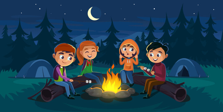 Wall Mural - Kids sit around a campfire in the wood at night with marshmallows and tell scary stories. Children sit on logs at a campsite around a fire. Moon and stars in the sky. Cartoon style vector illustration