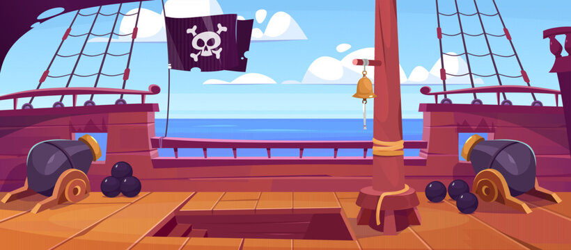 Wall Mural - Side view of a wooden ship deck with a skull on a black flag, canons, ropes, sails and a mast. On an old battleship in the sea or ocean. Pirate game background. Cartoon style vector illustration.
