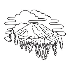 Wall Mural - Mono line illustration of Mount Rainier National Park in southeast of Seattle, Washington state , United States done in black and white monoline line drawing art style.
