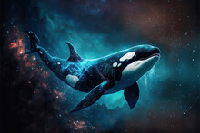 Cosmic Killer Whale Spirit Swimming In Space. Godlike Creature, Awe Inspiring, Dreamy Digital Illustration.	
