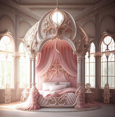 Generative AI: princess room in pink baroque style with beautiful ornaments