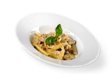 Wall Mural - Pasta. Penne Pasta with Bolognese Sauce, Parmesan Cheese and Basil on a Fork. Italian Cuisine. Mediterranean food