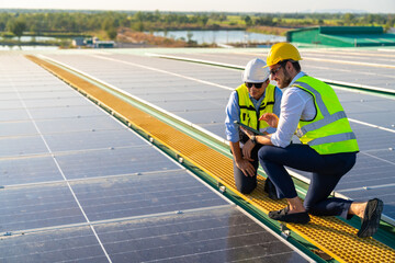 Wall Mural - professional man engineer using digital tablet maintaining solar cell panels together on building ro