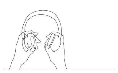 Sticker - continuous line drawing hands holding headphones - PNG image with transparent background