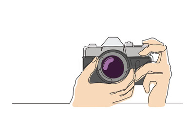 Canvas Print - continuous line drawing hands holding photo camera in color - PNG image with transparent background