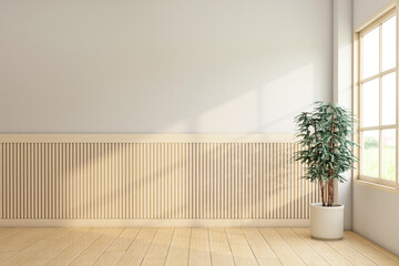 Wall Mural - Minimalist empty room decorated with wood floor and wood slat wall, frame wood window and indoor plant. 3d rendering