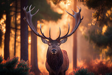 A Large Deer With Beautiful Horns Stood In The Middle Of The Forest, Bright Sunlight With Generative AI