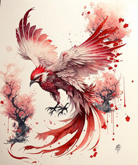 Wall Mural - japanese art style of white and red bird flying