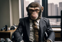 Portrait Of Business Monkey Sitting In Office, Ai Generative Illustration.