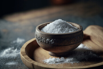 White salt on wooden bowl, ai generative
