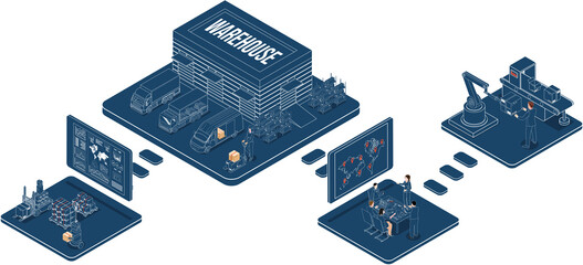 Wall Mural - 3D isometric Smart logistics concept with Warehouse Logistics and Management, Logistics solutions complete supply chain, transportation truck use wireless technoloty. Transparent PNG illustration