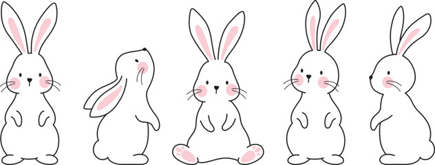 cute bunny rabbit outline sketch vector illustration. minimal bunny line art doodle in different pos
