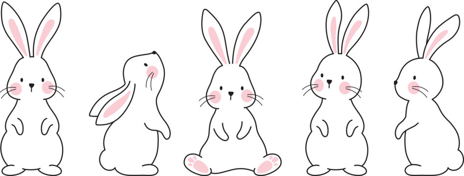 Fototapete - Cute bunny rabbit outline sketch vector illustration. Minimal bunny line art doodle in different poses.
