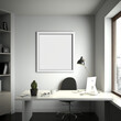 © Strabiliante - blank white frame hanging on white wall in minimalist office room., Generative ai