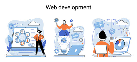 Web development metaphor, coding and programming responsive layout internet site or app of devices. Creation digital Software mobile, desktop platforms. Computer code, tablet, phone, digital business