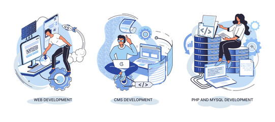 Website architecture concepts metaphor. Web development, PHP and MySQL, CMS, interface design, software testing. Creation digital Software mobile, desktop platforms. Digital content management system